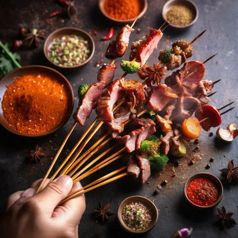 raw photo, reality,in the dark ,a person can be seen holding skewers of meat and spices. The person's hand is firmly gripping one of the skewers, showcasing the delicious array of flavors and aromas. The skewers are expertly prepared, with neat arrangements of meat and spices threaded onto them. The tantalizing mix of colors and textures is evident, making it clear that this dish is a feast for the senses. Additionally, a plate filled with a delectable combination of broccoli and meat is placed nearby, completing the appetizing scene. The dish is presented in an elegant manner, with the vibrant colors of the broccoli and meat contrasting against the white plate. The overall composition is visually appealing, and the image captures the essence of a scrumptious and satisfying meal, <lora:cn_lamb_bbq:0.85>, xhunxhun
