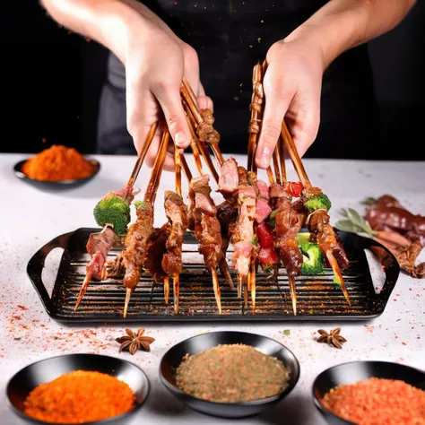 raw photo, reality,in the dark ,a person can be seen holding skewers of meat and spices. The person's hand is firmly gripping one of the skewers, showcasing the delicious array of flavors and aromas. The skewers are expertly prepared, with neat arrangements of meat and spices threaded onto them. The tantalizing mix of colors and textures is evident, making it clear that this dish is a feast for the senses. Additionally, a plate filled with a delectable combination of broccoli and meat is placed nearby, completing the appetizing scene. The dish is presented in an elegant manner, with the vibrant colors of the broccoli and meat contrasting against the white plate. The overall composition is visually appealing, and the image captures the essence of a scrumptious and satisfying meal, <lora:cn_lamb_bbq:0.85>, xhunxhun