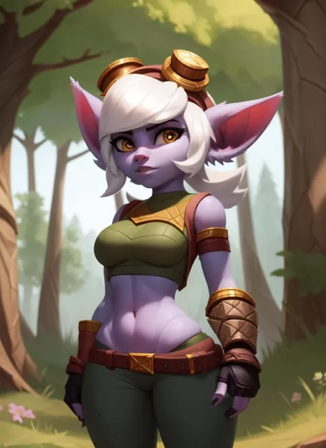 tristana, 1girl, standing, portrait, goggles, crop top, green pants, fingerless gloves, solo, (best quality), (outdoors league of legends background:1.2), medium breasts, dramatic lighting, detailed hair, looking at viewer, <lora:tristana-v1-locon:1>