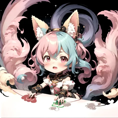 masterpiece, best quality, jiuweiï¼ dressï¼pink hairï¼multiple tailsï¼fox's tailï¼Fox ear <lora:jiuwei-V2:0.5>, Beautiful Art Style, Lost Girl, decorative, simple_background, <lora:BongoCatMemeLoRA:1> IncrsBongoCatP2, chibi