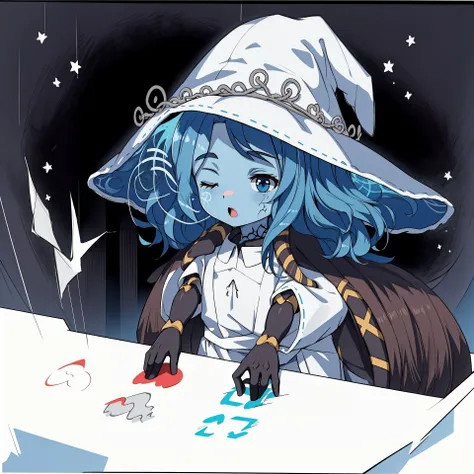 best quality,1girl,IncrsBongoCatP1, hands up , IncrsRanni,wavy hair, cracked skin, colored skin, blue skin, extra faces, extra arms, doll, joints, doll joints, white dress, hat, cloak, chibi, <lora:RanniV4LoRA:1> <lora:BongoCatMemeLoRA:1>