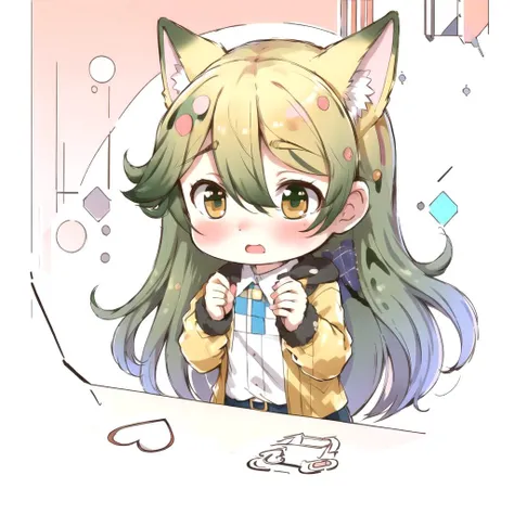 masterpiece, best quality, KITAKITSU_plainclothes, <lora:EzoredfoxKemonofriends_Kitakitsune:0.8>, Beautiful Art Style, denim shirt, overwrought, simple_background, <lora:BongoCatMemeLoRA:1> IncrsBongoCatP1, hands up, chibi