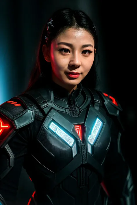 jangEn1, ((best quality)), ((masterpiece)), (detailed), Midjourney Style, close-up, woman, robot, red eyes, concept art, inspired by Marek Okon, digital art, Crysis Nanosuit, futuristic, (glowing elements:1.1), 4:3 aspect ratio, dynamic duo