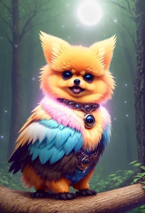 a baby feathered pomeranian with wings, rainbow colored fur made of bushy feathers, sitting on a log in the forest, wearing a futuristic collar with colorful tiny lights, highly detailed fur, cute, symmetrical, soft lighting, highly detailed face, concept art, digital painting, looking into camera, (fireflies), fog, night, moon, symmetrical, (cbzbb:1.25) cute big circular reflective sparkling eyes, unreal engine cinematic smooth, intricate detail <lora:cuteRichstyleLora_cuterichstyle15:1>