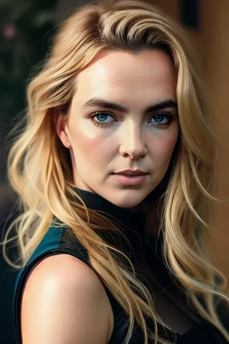 a portrait photo of (jodiecomer_TI_v3-2300),long blonde hair, modelshoot style, (extremely detailed CG unity 8k wallpaper), photo of the most beautiful artwork in the world, professional majestic oil painting by Ed Blinkey, Atey Ghailan, Studio Ghibli, by Jeremy Mann, Greg Manchess, Antonio Moro, trending on ArtStation, trending on CGSociety, Intricate, High Detail, Sharp focus, dramatic, photorealistic painting art by midjourney and greg rutkowski,