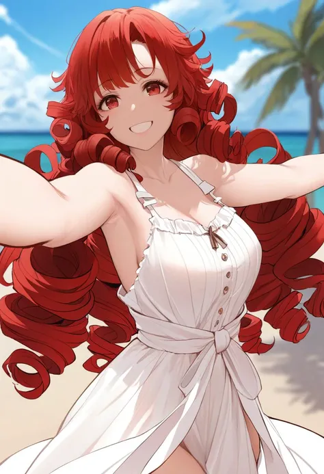 masterpiece, best quality, 1girl,red eyes,smile, outdoors, best quality,  red hair, ringlets, outstretched arms,  white sundress, by dishwasher1910  <lora:Dishwasher-Style-AniXL:1>