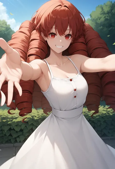score_9, score_8_up, score_7_up, source_anime, 1girl,red eyes,smile, outdoors, best quality,  red hair, ringlets, outstretched arms,  white sundress, by dishwasher1910 <lora:Dishwasher-Style-PonyXL:1>