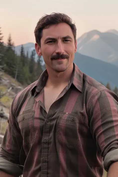 RAW photo,upper body, FlannelDaddy with a mustache, photo of a man wearing a red checkered flannel shirt and khaki pants, (staring at the viewer, eyes open:1.2), outdoors, cascades mountains in washington, detailed big eyes, detailed lip texture, (high detail skin:1.3), (100mm lens), Fujifilm XT3, trending on ArtStation, trending on CGSociety, Intricate, High Detail, Sharp focus, dramatic, life like texture, hdr, subsurface scattering, global illumination, film still, Film-like, bokeh, 3d, vivid color/raytraced/warm colors, photorealistic painting art by midjourney and greg rutkowski, cinematic, 40mm f/2.8, remastered, 8k, 4k uhd, crisp details, ultra detailed