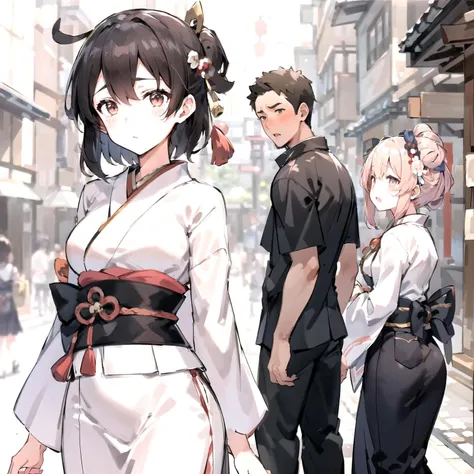 masterpiece, best quality, <lora:distractedboyfriend:0.7>, (distractedboyfriend:1.2), 2girls, 1boy, traditional dresses, japanese shrine