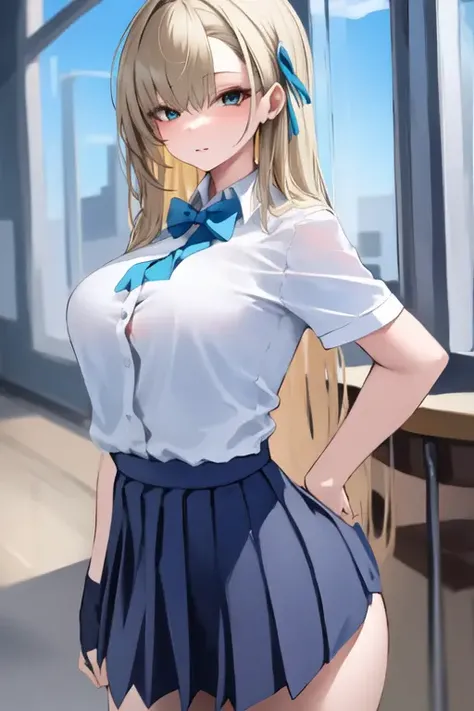 masterpiece, best quality, 1girl, asuna \(blue archive\), blonde hair, blue hair, school uniform, pleated skirt, looking at viewer, <lora:leviathan:1>, <lora:asunaLoraCollectionOf_asunaHard:0.8>