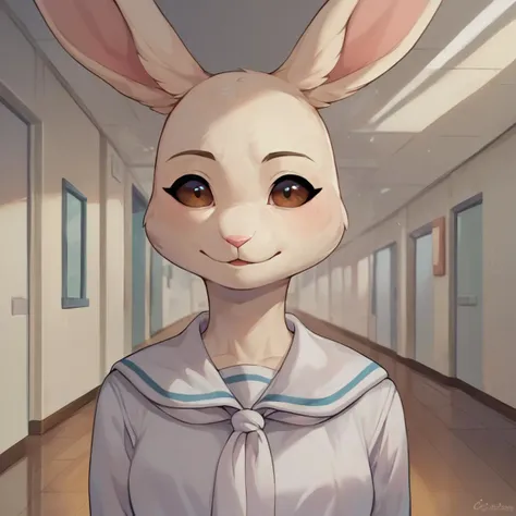 score_9, score_8_up, score_7_up, score_6_up,   <lora:Haru_Beastars_PonyXL_prototype:1> harubeastars, smile, mouth closed, hallway, school, looking at viewer, hands behind back, white dress, serafuku, bust portrait, solo white dress, white scarf,