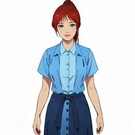 masterpiece,high quality,white background,solo,
<lora:cecilia002:0.7>,smile,
cecilia,1woman,
long hair,high ponytail,red hairbangs,makeup,green eyes,lipstick,
blue jacket,open clothes,shirt,buttons,short sleeves,blue shirt,collared shirt,
shirt tucked in,clothes around waist,blue skirt,