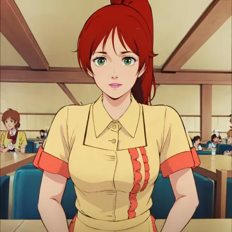 masterpiece,high quality,solo,
<lora:cecilia003:0.7>,
cecilia,1woman,
long hair,high ponytail,red hairbangs,green eyes,lipstick,
waitress,yellow uniform,collared dress,buttons,short sleeves,layered sleeves,apron,frill,
smile,
restaurant,
close-up,