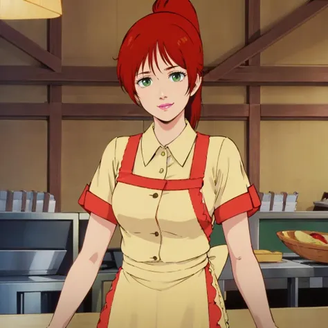 masterpiece,high quality,solo,
<lora:cecilia003:0.7>,
cecilia,1woman,
long hair,high ponytail,red hairbangs,green eyes,lipstick,
waitress,yellow uniform,collared dress,buttons,short sleeves,layered sleeves,apron,frill,
smile,
restaurant,