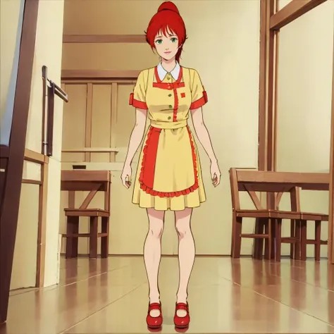 masterpiece,high quality,solo,
<lora:cecilia003:0.7>,
cecilia,1woman,
long hair,high ponytail,red hairbangs,green eyes,lipstick,
waitress,yellow uniform,collared dress,buttons,short sleeves,layered sleeves,apron,frill,
shoes,
full body,
smile,
indoors,