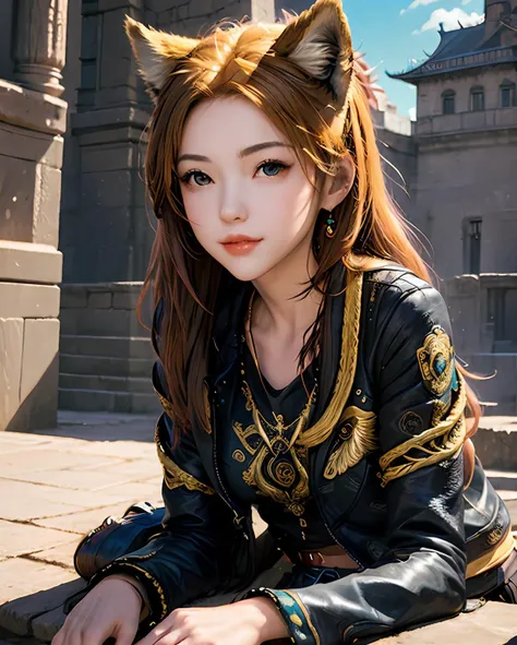 official art, unity 8k wallpaper, ultra detailed, beautiful and aesthetic, Louvre palace of dragon \(idolmaster\), masterpiece, best quality, (zentangle, mandala, tangle, entangle), 1girl, extremely detailed, dynamic angle, cowboyshot, the most beautiful form of chaos, elegant, a brutalist designed, vivid colours, romanticism, by james jean, lay sprawled on the ground, sunlight , in golden palace background, blue sky cloudy chonger, <lora:chonger_20230603023449:0.5> chonger furry fox tails<lora:chonger furry fox tails_20230605024454:0.3>