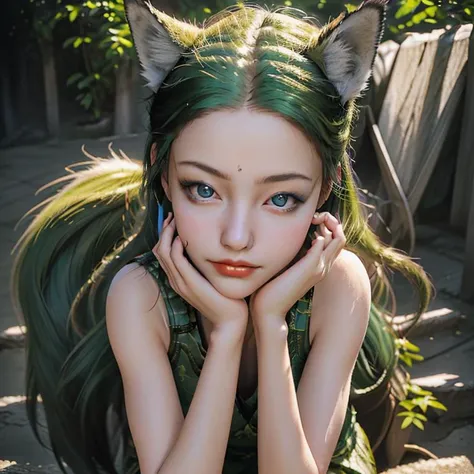 The model wears an elaborate headpiece made entirely of leaves, flowers and vines that cascade down and frame her face. Her makeup is done in green and gold tones to match the natural theme. She gazes serenely at the viewer with a Mona Lisa smile. The overall color palette is bright spring greens, big eyes, climbing on ground, , accentuated with warm sunlight effects. full body,(RAW photo, best quality),(realistic, photo-realistic:1.3), clean, masterpiece,finely detail,masterpiece,ultra-detailed,highres,(best illustration),(best shadow),intricate, bright light,chonger, <lora:chonger_20230603023449:0.5> chonger, furry fox tails, <lora:chonger furry fox tails_20230605024454:0.5>