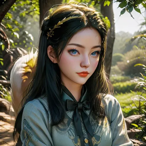 The model wears an elaborate headpiece made entirely of leaves, flowers and vines that cascade down and frame her face. Her makeup is done in green and gold tones to match the natural theme. She gazes serenely at the viewer with a Mona Lisa smile. The overall color palette is bright spring greens, big blue eyes, climbing up on tree , upward, , accentuated with warm sunlight effects. full body,(RAW photo, best quality),(realistic, photo-realistic:1.3), clean, masterpiece,finely detail,masterpiece,ultra-detailed,highres,(best illustration),(best shadow),intricate, bright light,chonger, <lora:chonger_20230603023449:0.5> chonger, furry fox tails, <lora:chonger furry fox tails_20230605024454:0.5>