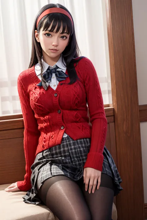 masterpiece, (photorealistic:1.4), best quality, beautiful lighting, detailed, intricate, RAW photo, 8k uhd, film grain, <lora:hiqcg_body_epoch:0.5>
1girl, amagi yukiko, red cardigan, black hair, black legwear, full body, hairband,  long hair, long sleeves, pantyhose, pleated skirt, red hairband, school uniform, skirt, solo, yasogami school uniform, medium breasts, black tights <lora:yukiko:1.0>, persona 4, undressing, nsfw, bedroom,