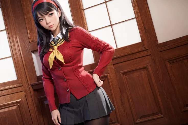 masterpiece, (photorealistic:1.4), best quality, beautiful lighting, detailed, intricate, RAW photo, 8k uhd, film grain, <lora:hiqcg_body_epoch:0.5>
1girl, amagi yukiko, red cardigan, black hair, black legwear, full body, hairband,  long hair, long sleeves, pantyhose, pleated skirt, red hairband, yellow neckerchief, school uniform, skirt, solo, yasogami school uniform, medium breasts, black tights <lora:yukiko:1.0>, persona 4, (undressing:1.3), bedroom, sensual, blush,