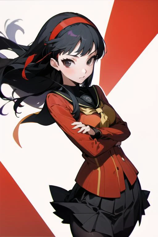 masterpiece, best quality, 1girl, amagi yukiko, black hair, black legwear, hairband, long hair, long sleeves, looking at viewer, pantyhose, pleated skirt, red hairband, school uniform, skirt, solo, yasogami school uniform, (school classroom:1.0), medium breasts, black tights <lora:yukiko:1.0>