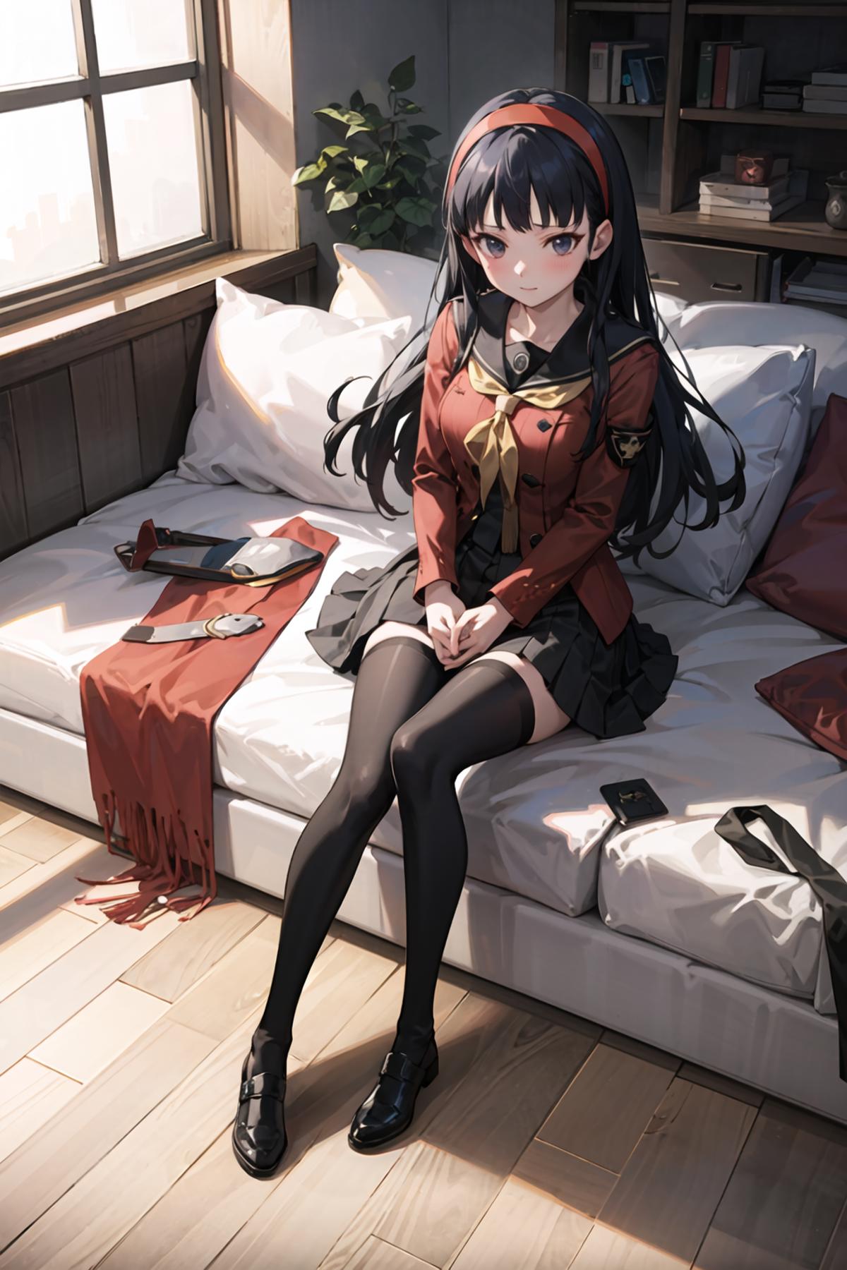 Anime girl sitting on a bed with a book case and a purse - SeaArt AI