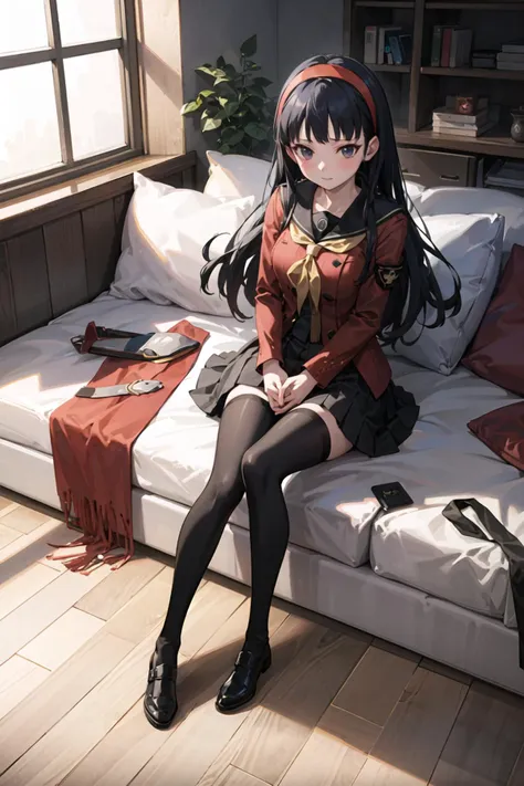 masterpiece, best quality, 1girl, amagi yukiko, red cardigan, black hair, black legwear, full body, hairband,  long hair, long sleeves, pantyhose, pleated skirt, red hairband, school uniform, skirt, solo, yasogami school uniform, medium breasts, black tights <lora:yukiko:1.0>, persona 4, undressing, nsfw, bedroom