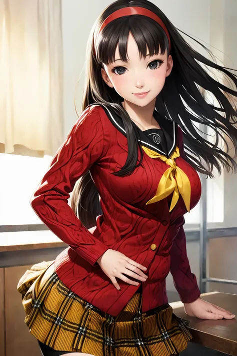 (realistic:1.5),1 girl,solo,yukiko,smile,(red cardigan,plaid skirt,yellow neckerchief,school uniform:1.2), huge breasts,black tights<lora:epiNoiseoffset_v2Pynoise:1>