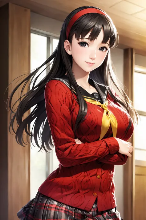 (realistic:1.5),1 girl,solo,yukiko,smile,(red cardigan,plaid skirt,yellow neckerchief,school uniform:1.2), huge breasts,black tights<lora:epiNoiseoffset_v2Pynoise:1>