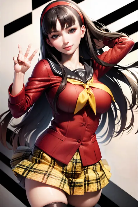 (realistic:1.5),1 girl,solo,yukiko,smile,(red cardigan,plaid skirt,yellow neckerchief,school uniform:1.2), huge breasts,black tights<lora:epiNoiseoffset_v2Pynoise:1>