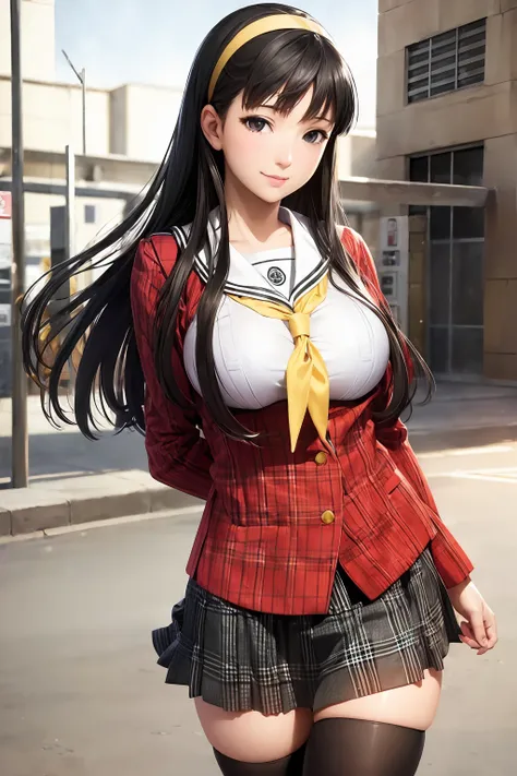 (realistic:1.5),1 girl,solo,yukiko,smile,(see bra,plaid skirt,yellow neckerchief,school uniform:1.2), huge breasts,black tights<lora:epiNoiseoffset_v2Pynoise:1>