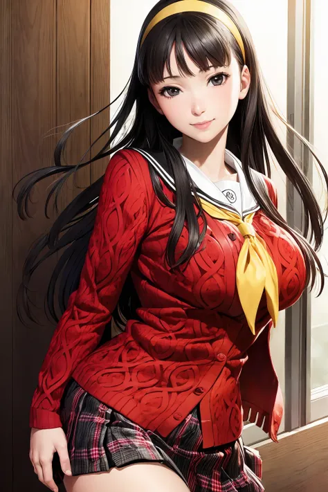 (realistic:1.5),1 girl,solo,yukiko,smile,(red cardigan,plaid skirt,yellow neckerchief,school uniform:1.2), huge breasts,black tights<lora:epiNoiseoffset_v2Pynoise:1>