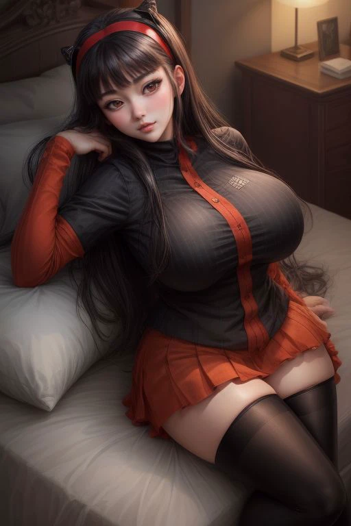 <lora:yukiko:0.57>,(best quality), big head, face neutral, (yukiko with huge breasts:1.2) in a black shirt and stockings posing for a picture with her legs crossed and her hand on her hips, full body <lora:add_detail:1> <lora:LowRA:0.2>