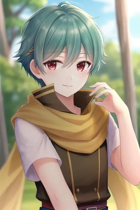 masterpiece, best quality,highres,highly detailed, <lora:NilsFE_v1:0.85>,NilsFE,1boy,smile,plain,outdoors, scarf,red eyes,