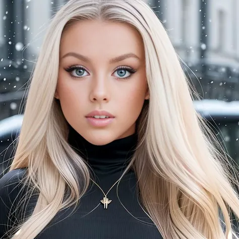 RAW award winning professional Photo (full body:1.4) of kayslev1.5-2600 (fakelips7-2500:0.8) 1girl wearing a turtleneck, (platinum blonde hair), tanned, red lips, skinny, thicc, athletic, gold 'K' necklace, perfectly shaded body, smiling, knowing, smug, confident, bold, accusing stare, very detailed face, seductive, UHD, sharp focus, anti-aliasing, hyper-realistic, beautiful, gorgeous, (blue eyes), (best quality, photorealistic, intricate, highly detailed, absurdres:1.3, 32k resolution), best lighting, complex iris, complex textile, detailed background, space station, snow falling