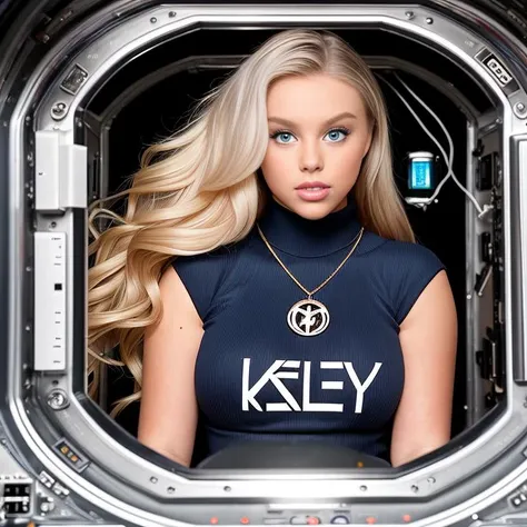 RAW award winning professional Photo of a beautiful gorgeous 1girl (full body:1.8) kayslev1.5-2600 (fakelips7-2500:0.8) wearing a turtleneck, , (platinum blonde hair), tanned, red lips, skinny, thicc, athletic, gold chain 'K' necklace, smiling, knowing, smug, very detailed face, seductive, UHD, sharp focus, anti-aliasing, hyper-realistic, (blue eyes), (best quality, photorealistic, intricate, highly detailed, absurdres:1.3, 32k resolution), best lighting, complex iris, complex textile, detailed background, standing in a space station airlock, Imperial insignia,
