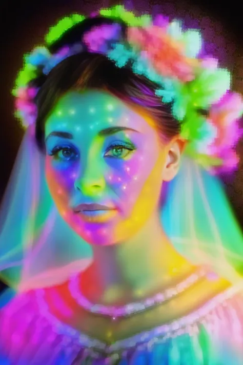 A colorful young bride waiting for a download, black digital world background, bioluminescent xray