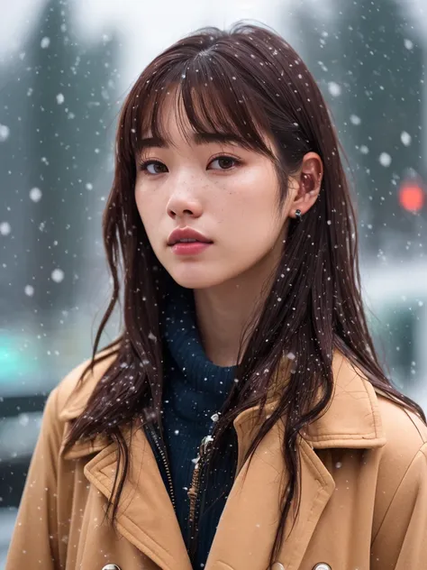 winter weather, (big snowflakes tempest:1.7), a close up concept sheet of a wet, concernous, dark-brown long hair, (iulje:1.3), dark hotel in the background, trenchcoat, slate atmosphere, cinematic, dimmed colors, dark shot, volumetric light, muted colors, film grainy, lut, insane details, intricate details, [[[freckles]]], dslr, lens, bokeh