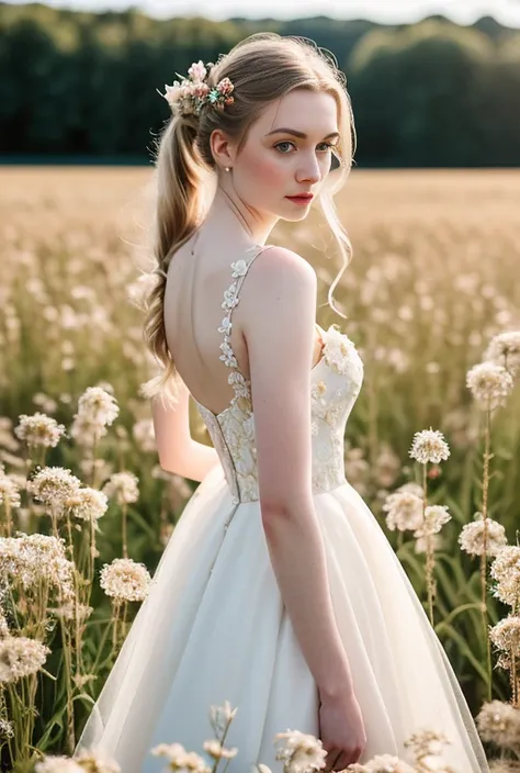 masterpiece, best quality, hyperrealistic, cinematic photo,  innocent 22yo woman, pale skin,
teutonic,
amazing hourglass body,

prom dress,
ponytail blonde hair,
large breasts,

(flower field background),
modern style,
(8k, epic composition, photorealistic, sharp focus),
elaborate background,
dslr,
film grain,



backlight,