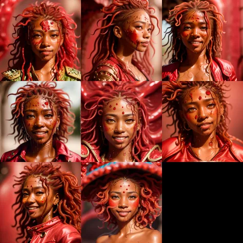 (ultra photorealistic:1.3), RAW color photo, extremely high quality high detail RAW color photo, ((best quality)), (hyper detailed), high resolution, extremely detailed 8k wallpaper, ((an delicate and beautiful)), best anatomy, 1girl, petite, (((masterpiece))), ((highres)), ((high quality)), red hair, short hair, red eyes, translucent skin face, (cropped jacket), shorts, skinny, navel, (intricate details), ((disheveled hair)), (fantasy), shiny, detailed cute face, colored skin, dynamic angle, depth of field, ((((red skin)))), colored sclera, wet, melting, detailed hair, ((red slime)), liquid, best shadow, cave, smile, (((rapper))),