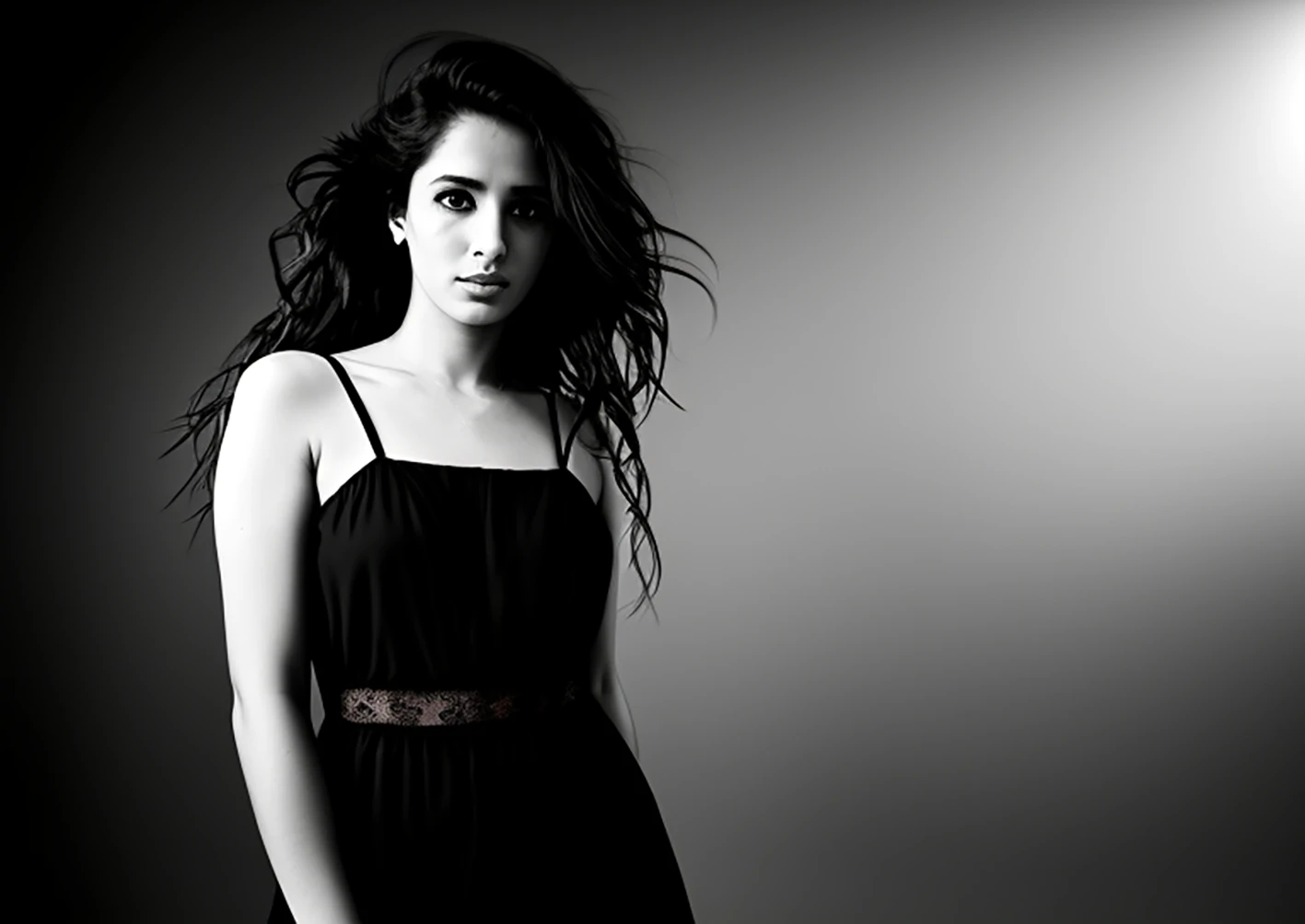 27 years old woman, brazilian, Messy hair flying in the wind ,(Black dress spaghetti strap ), nose piercing, face only , dark room ,low key photography technique , (soft light: 7), (((black background))), (((black and white))), (several poses: 1),