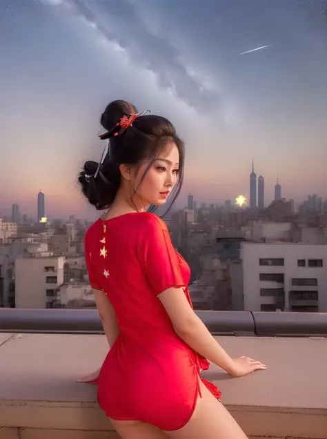 (((((after hours at night, some stars in the sky: 3))))),  sexy , beautiful asian woman, ((flushed cheeks: 5)), (perfect lips), (perfect eyes) ,25 yo, asian, ((front)), (standing) , (((showing from the feet to above the head))),  (((wearing a red sexy nightgown without prints))) ,(((geisha makeup: 5))) ,  on the edge of the roof of a building , ((city of background, light from buildings with warm colors)), ((boobs round: 1.5)), ((small ass round: 1.7)) ,((thigh round: 2.1)) , (((dramatic shadows: 10))),  (vivid colors),
 ((vignette)), (several poses: 3)
