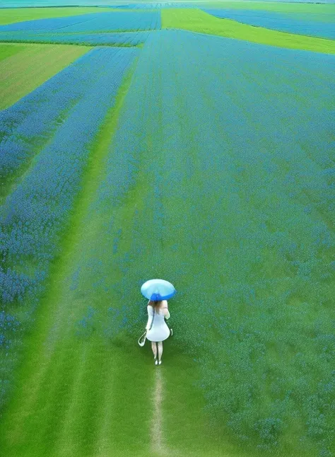 a woman  coming in the middle of blue flowers field,  ((((front: 1.9)))) ((holding with yours hand a open  big  blue umbrella)) ,(wearing a white short dress , perfect face , perfect lips, perfect nose, perfect eyes , red hair, blue eyes, without accessories, [(((((aerial view :  0.5)))))] , photorealistic