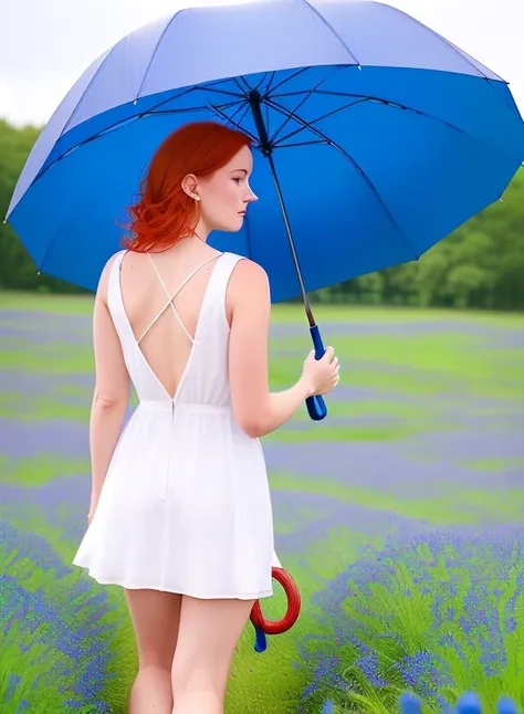 a woman  coming in the middle of blue flowers field, ((holding with yours hand a open  big  blue umbrella)) ,(wearing a white short dress , perfect face , perfect lips, perfect nose, perfect eyes , red hair, blue eyes, without accessories, (back view: 1.9 ) , photorealistic