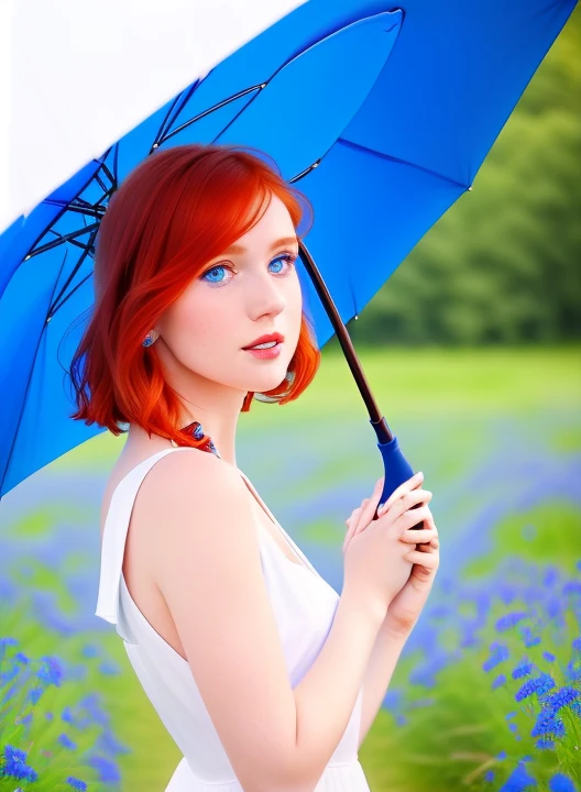a woman coming in the middle of blue flowers field, ((holding with yours hand a open big blue umbrella)) ,(wearing a white short dress , perfect face , perfect lips, perfect nose, perfect eyes , red hair, blue eyes, without accessories, (((low angle shot: 1.9 ))) , photorealistic