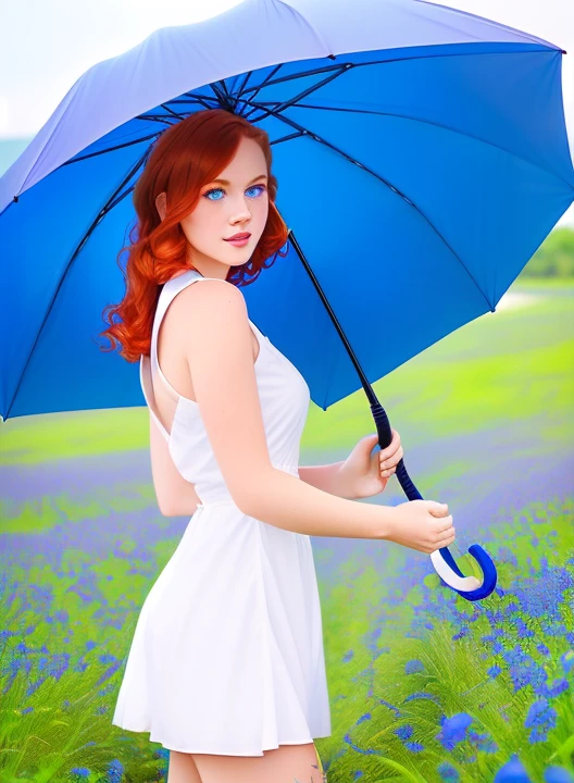 a woman coming in the middle of blue flowers field, ((holding with yours hand a open big blue umbrella)) ,(wearing a white short dress , perfect face , perfect lips, perfect nose, perfect eyes , red hair, blue eyes, without accessories, (((low angle view: 1.9 ))) , photorealistic
