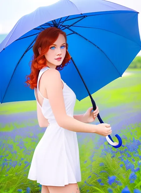 a woman  coming in the middle of blue flowers field, ((holding with yours hand a open  big  blue umbrella)) ,(wearing a white short dress , perfect face , perfect lips, perfect nose, perfect eyes , red hair, blue eyes, without accessories, (((low angle view: 1.9 ))) , photorealistic