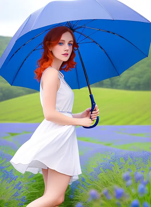 a woman coming in the middle of blue flowers field, ((holding with yours hand a open big blue umbrella)) ,(wearing a white short dress , perfect face , perfect lips, perfect nose, perfect eyes , red hair, blue eyes, without accessories, (side angle : 1.9) , photorealistic