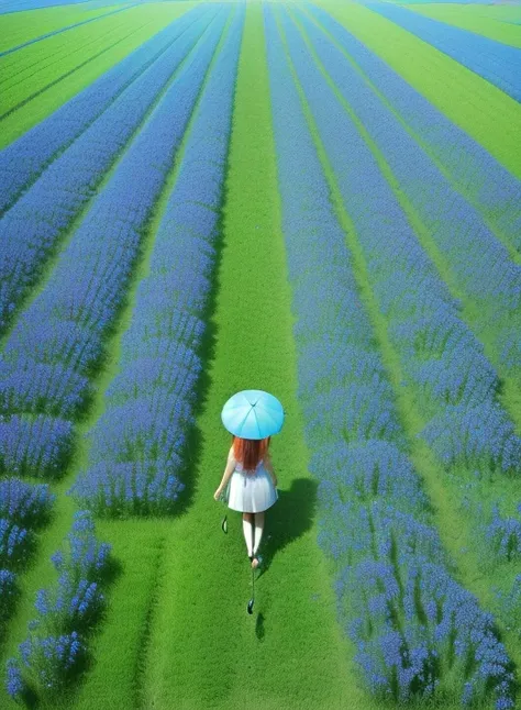 a woman  coming in the middle of blue flowers field,  ((((front: 1.9)))) ((holding with yours hand a open  big  blue umbrella)) ,(wearing a white short dress , perfect face , perfect lips, perfect nose, perfect eyes , red hair, blue eyes, without accessories, [((((aerial view :  0.5))))] , photorealistic