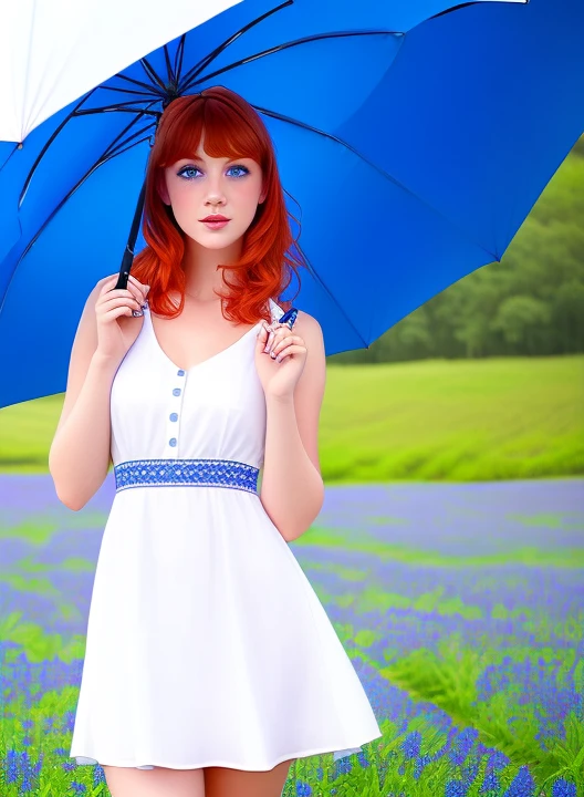 a woman coming in the middle of blue flowers field, ((holding with yours hand a open big blue umbrella)) ,(wearing a white short dress , perfect face , perfect lips, perfect nose, perfect eyes , red hair, blue eyes, without accessories, (close-up) , photorealistic